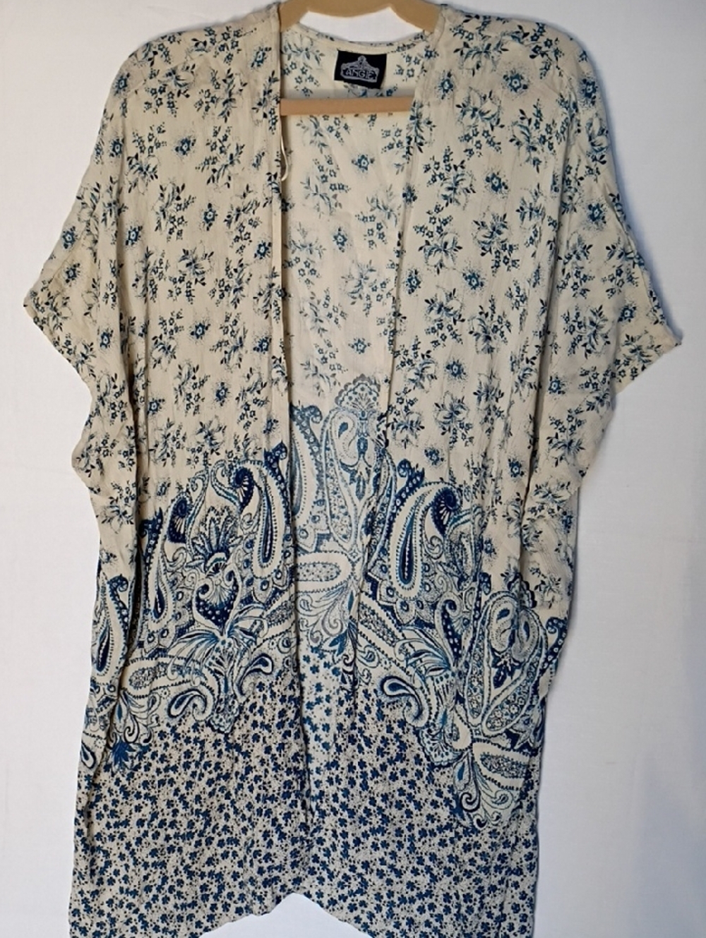 Angie Women's Boho Cream and Blue Floral Open-Front Kimono Size L